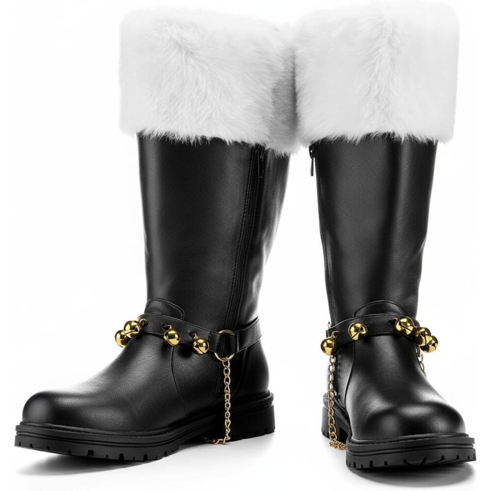Men's Black Brass Bells Premium Faux Leather Wide Calf Santa Combat Shoes